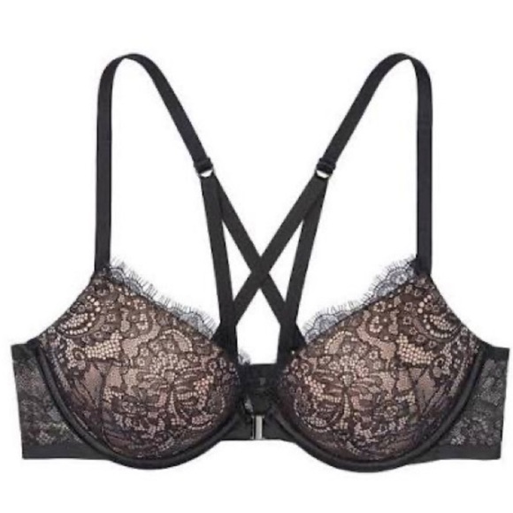 Victoria's Secret Other - Victoria’s Secret Bombshell Front Clasp Push Up Bra 32AA Black & Nude Lace